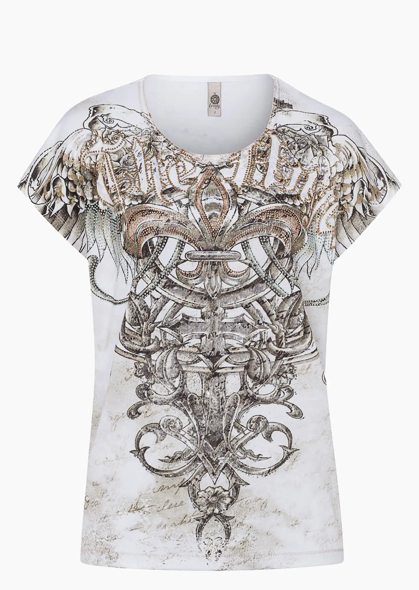 Shirt mit Print & Ziersteinen, weiß