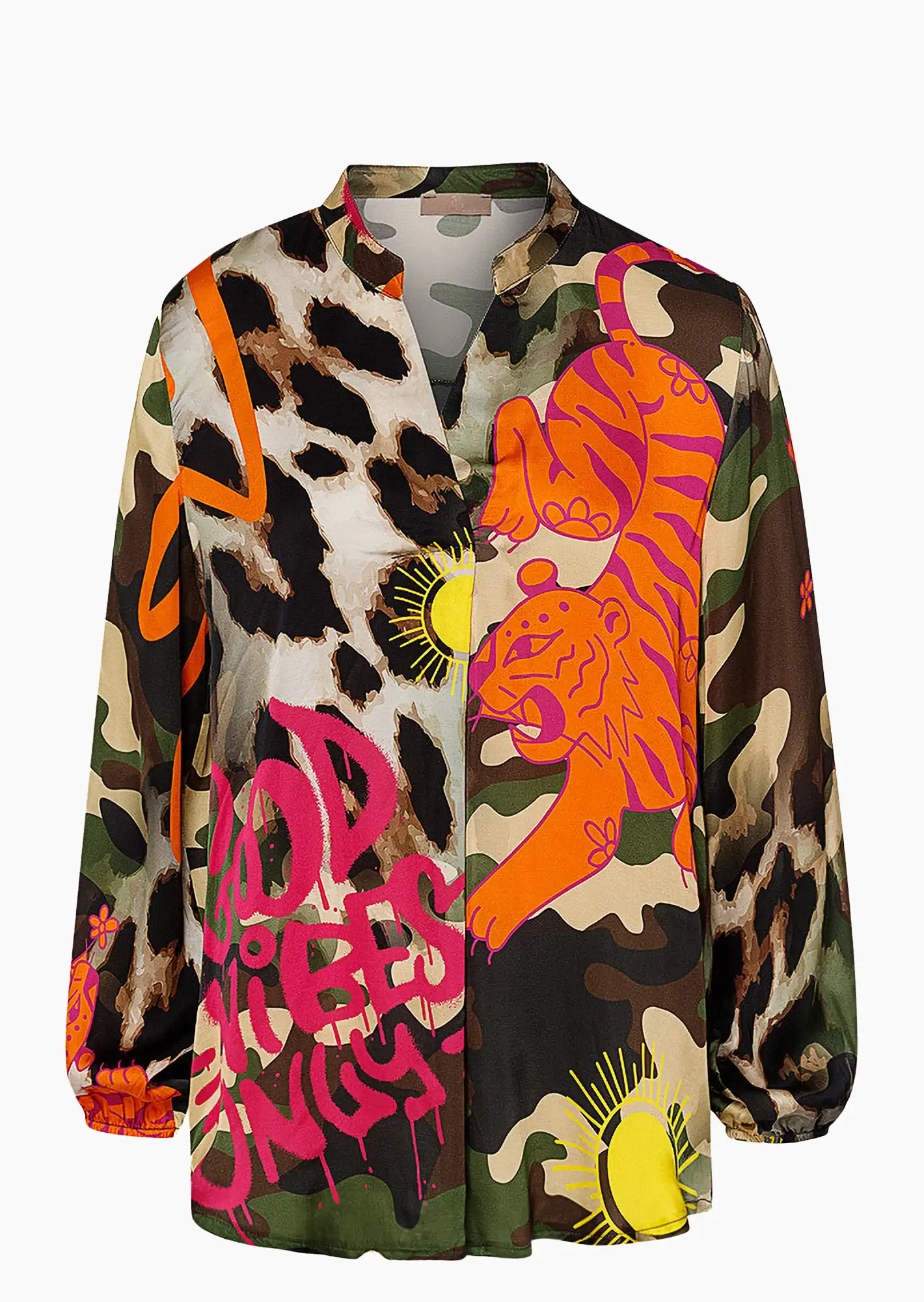 Bluse im Alloverprint 'Good vibes', oliv