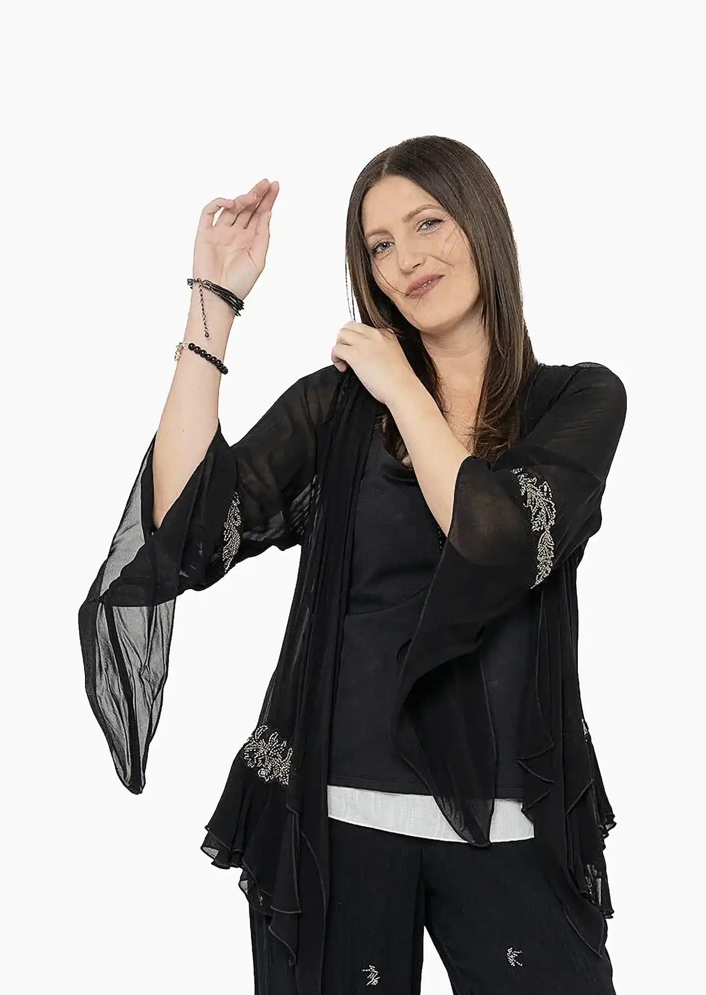 transparente Shirtjacke mit Zierperlen, schwarz