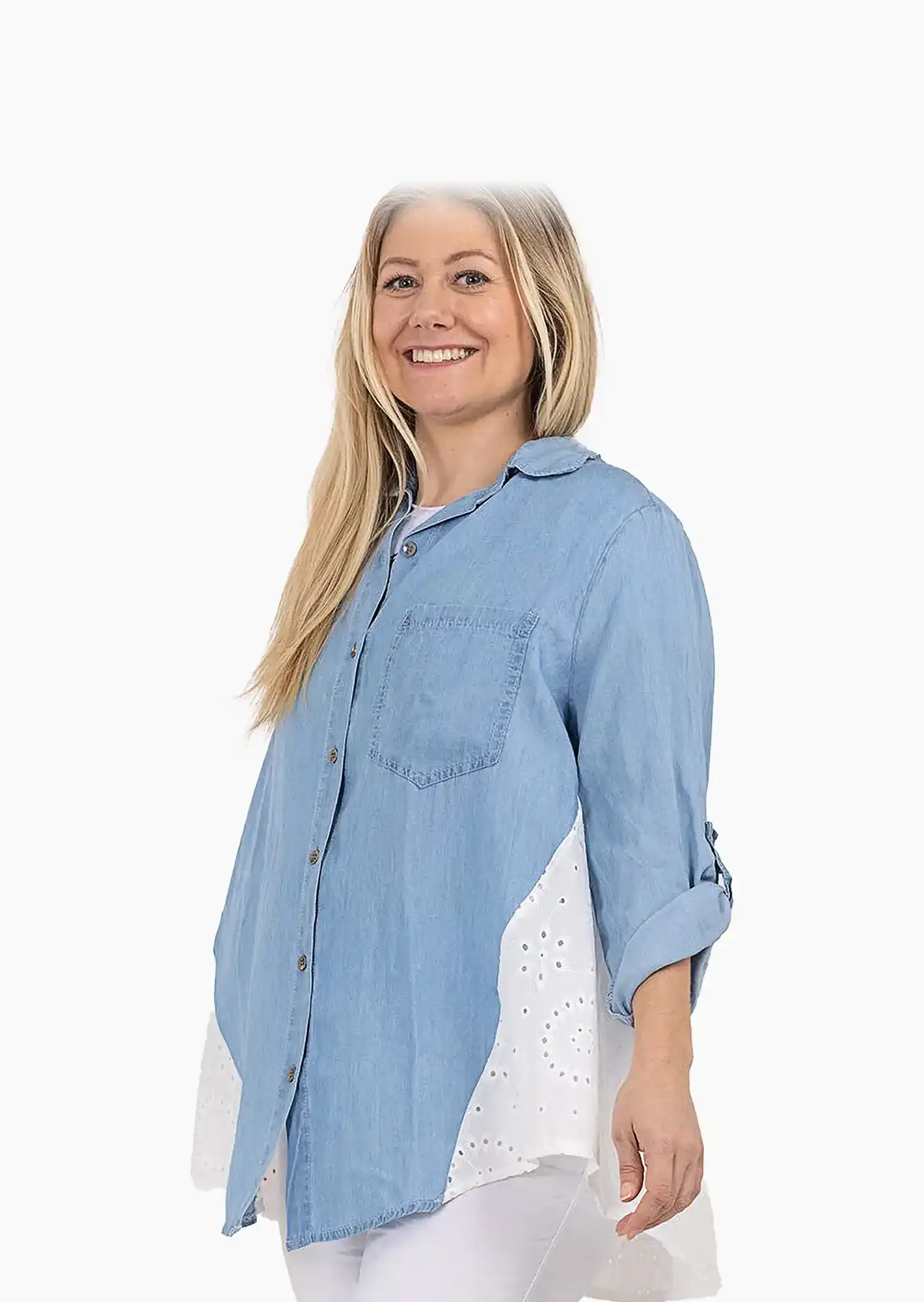 Denimbluse Lochstickerei, bleached denim