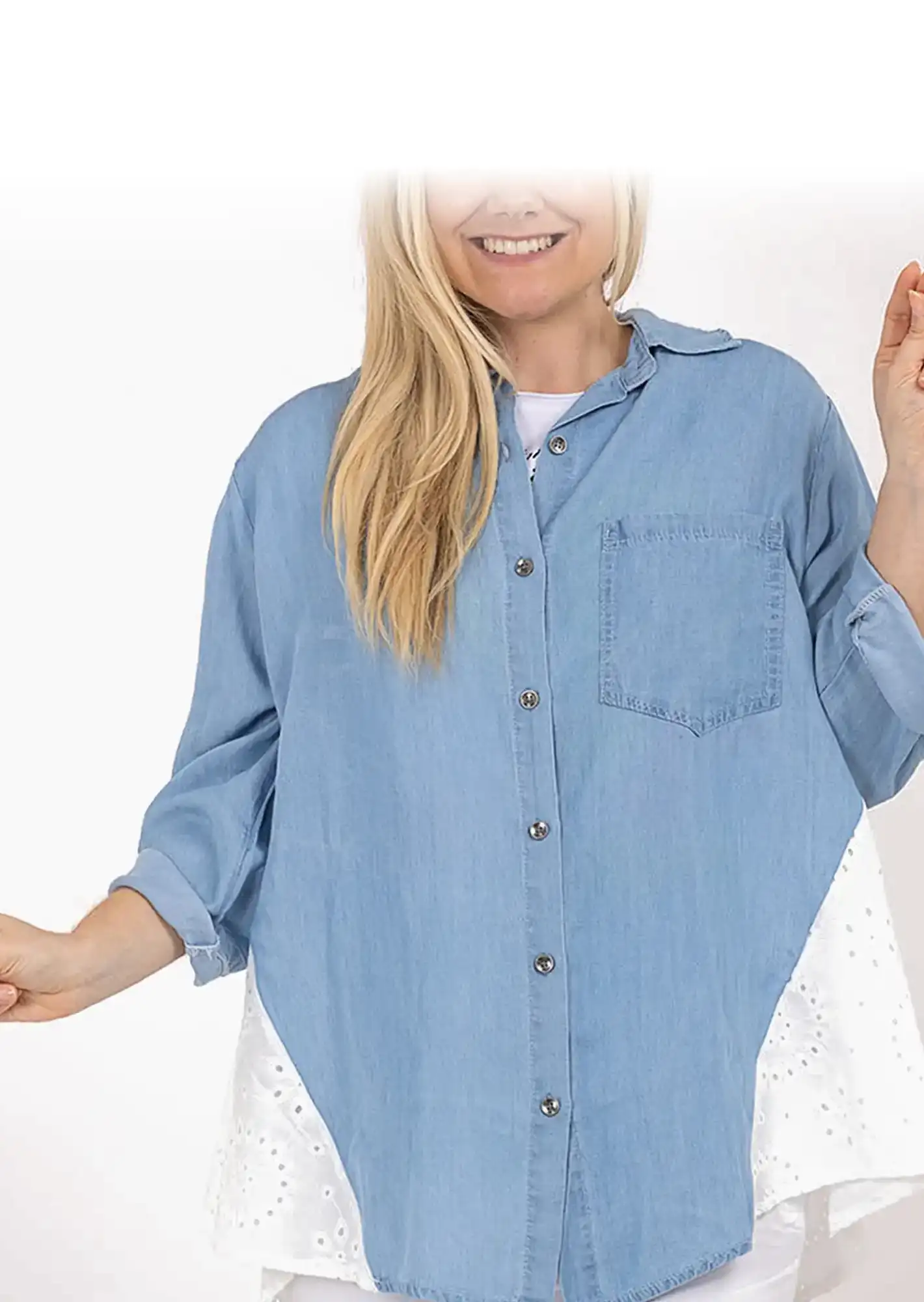 Denimbluse Lochstickerei, bleached denim