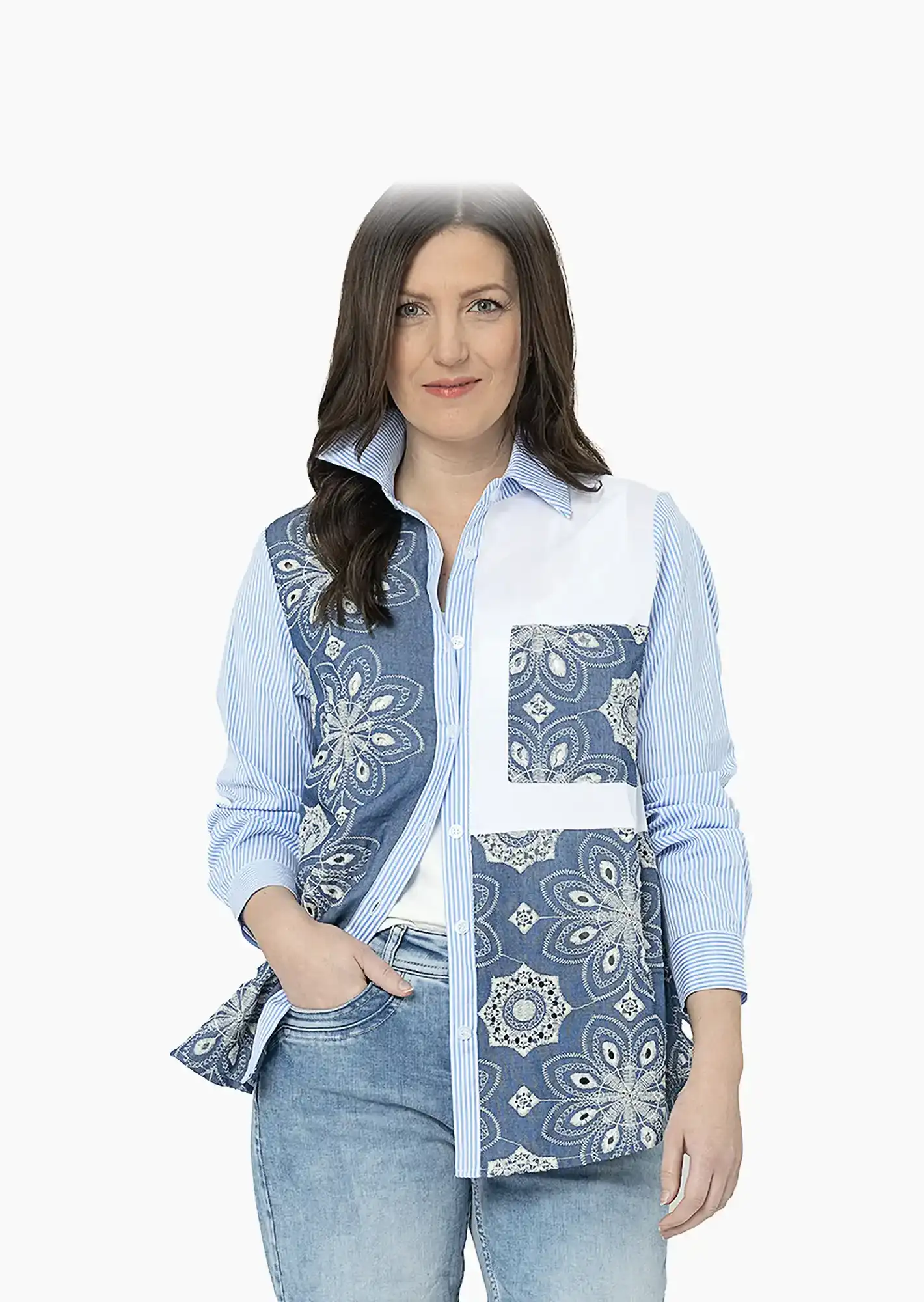 Bluse mit Stickerei, blau-weiß