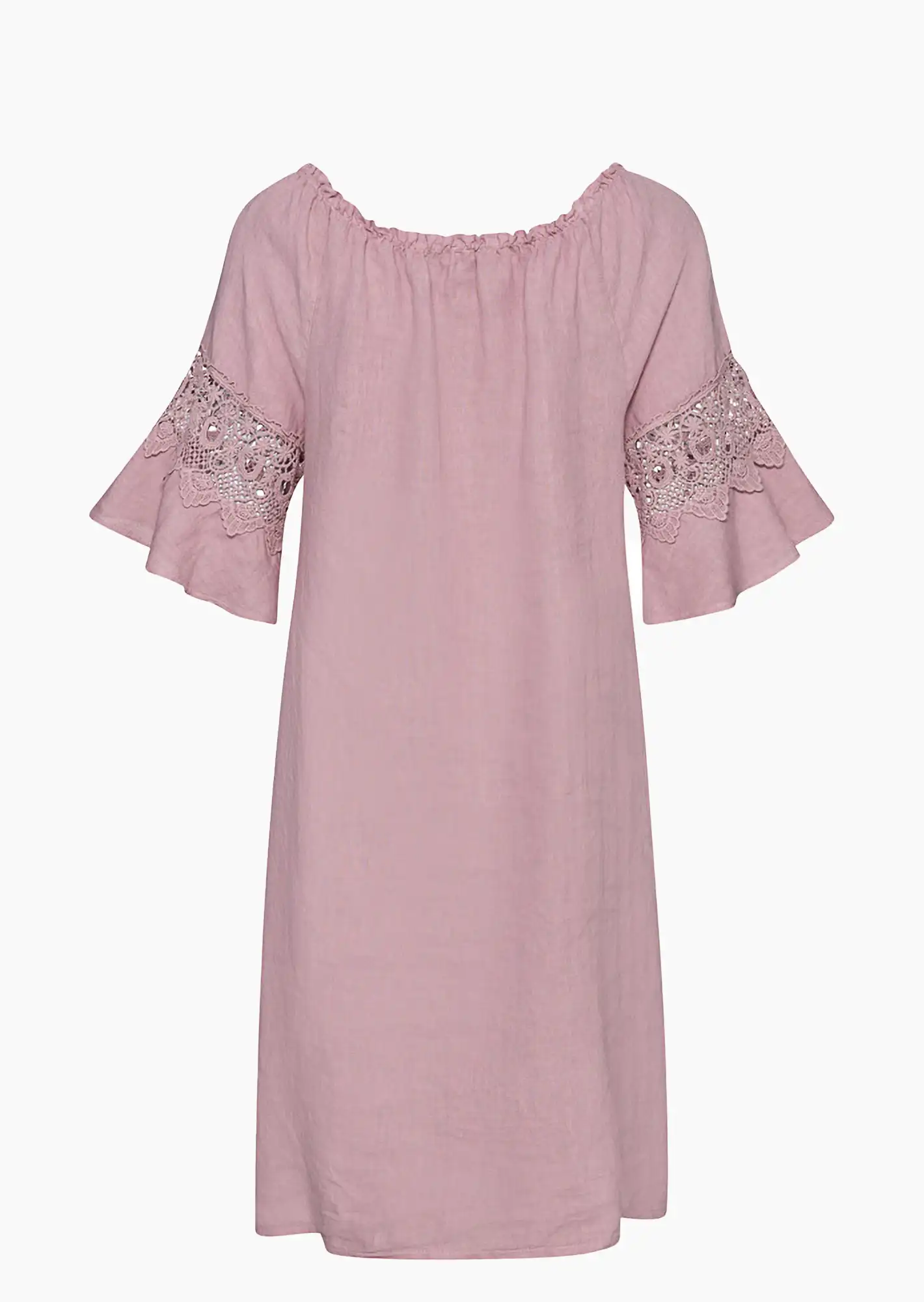 Leinen-Kleid mit Volants, rosenholz
