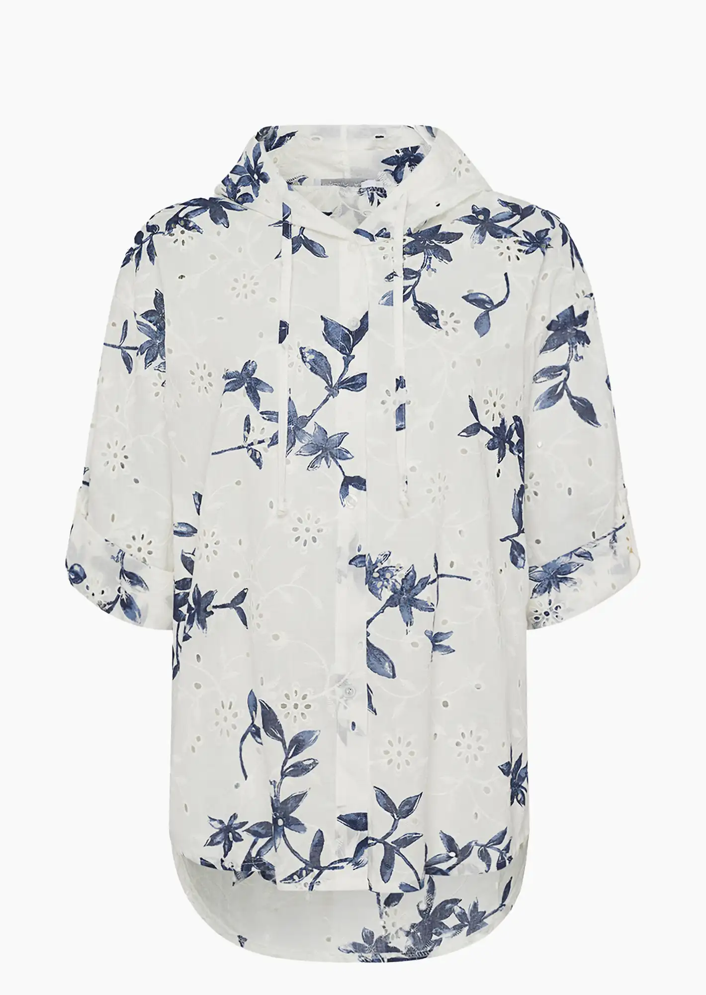 Bluse mit Lochstickerei, blau-weiß