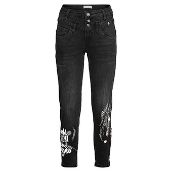 Jeans mit Metallic-Print und Ziersteinen, black denim 