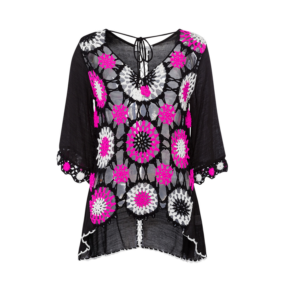 Bluse mit Crochet, schwarz-pink 2