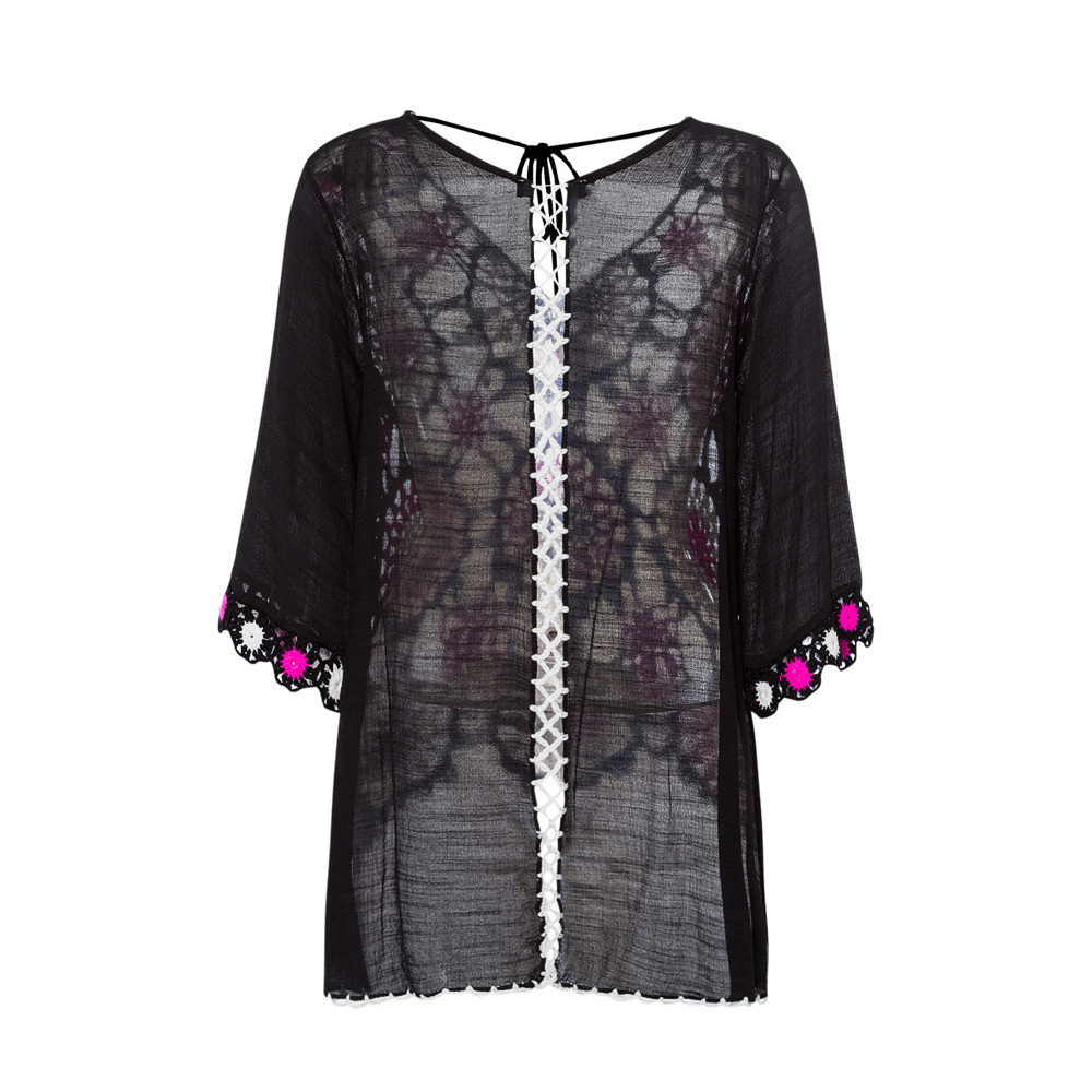 Bluse mit Crochet, schwarz-pink 4