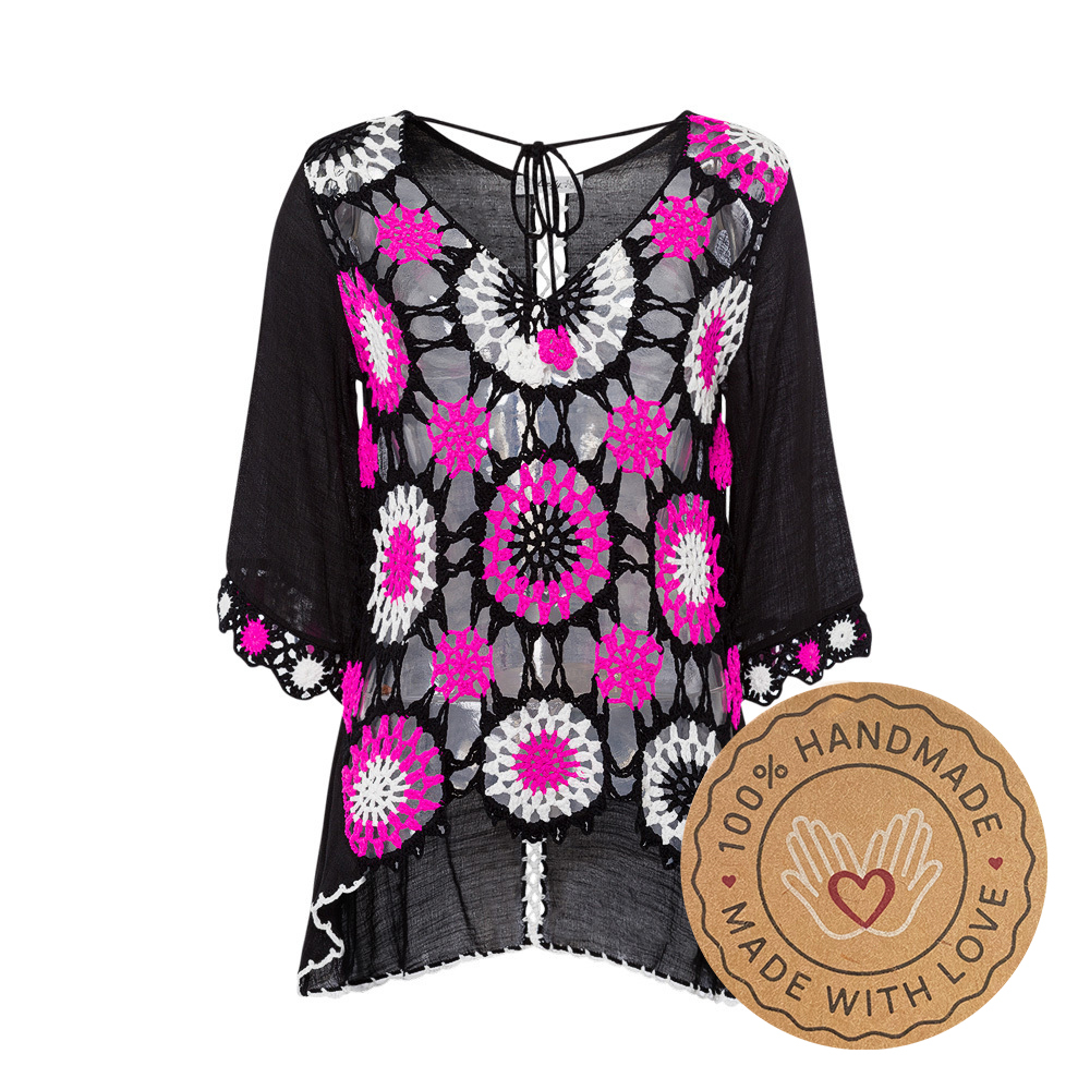 Bluse mit Crochet, schwarz-pink 4